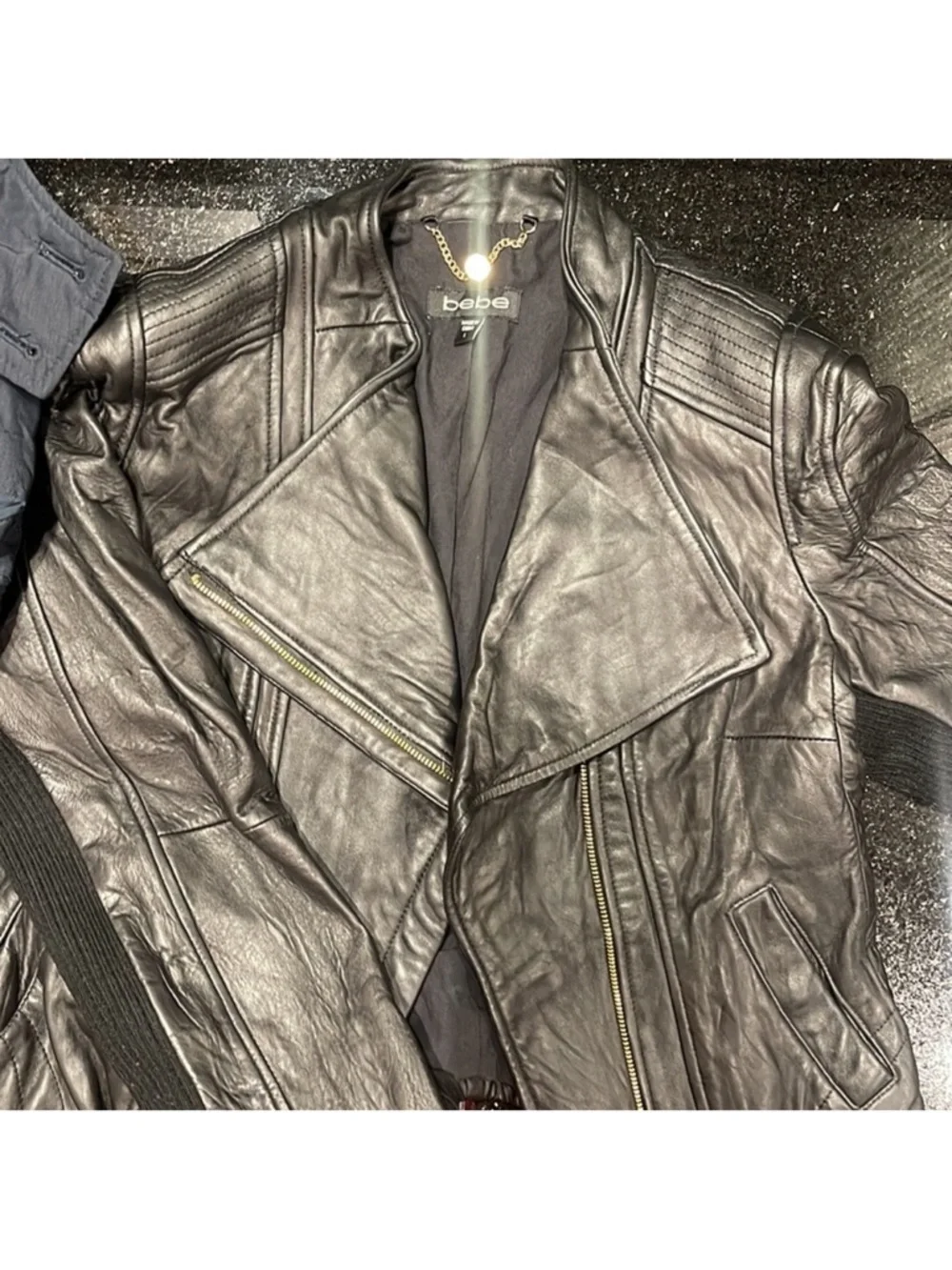 Womens beautiful bebe Black Leather Bomber-Style Moto Jacket make offer must go - Picture 1 of 4